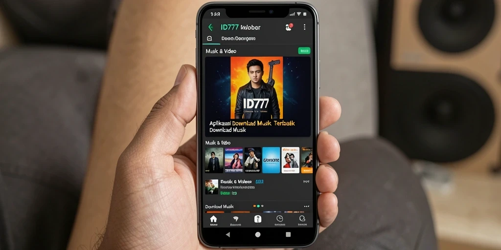 Antarmuka aplikasi ID777 menampilkan fitur Download Musik yang sederhana dan intuitif.